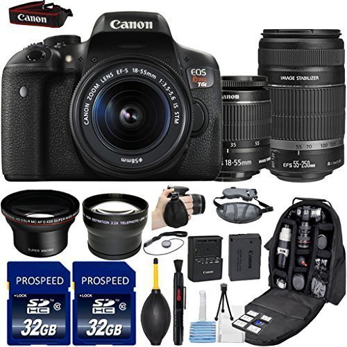 0704407732655 - CANON EOS REBEL T6I DSLR CAMERA WITH 18-55MM IS STM + 55-250MM IS STM LENSES + 58MM HD WIDE ANGLE LENS + 2.2X TELEPHOTO LENS + 2PCS 32GB COMMANDER MEMORYCARD + BACKPACK CASE + GRIP STRAP + AIR BLOWER