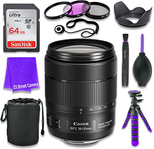 0704407745020 - CANON EF-S 18-135MM F/3.5-5.6 IS USM LENS (WHITE BOX, BULK PACKAGING) FOR CANON DSLR CAMERAS & SANDISK 64GB CLASS 10 MEMORY CARD + COMPLETE ACCESSORY KIT (11 ITEMS)