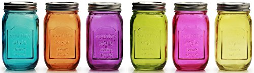 0704572669954 - CIRCLEWARE COUNTRY COLORED GLASS MASON JARS WITH METAL LIDS, SET OF 6 DRINK CUPS, 16 OUNCE GLASSWARE