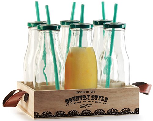 0704572680065 - CIRCLEWARE COUNTRY ANTIQUE GLASS MILK DRINK BOTTLES WITH METAL CAPS, STRAWS AND WOODEN TRAY, 15 OUNCE, 13 PIECE SET, 6 GLASS BOTTLES, 6 CAPS, 6 STRAWS 1 WOODEN TRAY