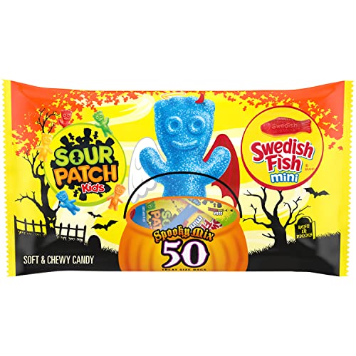 0070462009736 - SOUR PATCH KIDS CANDY AND SWEDISH FISH CANDY HALLOWEEN CANDY VARIETY PACK, 50 TRICK OR TREAT SNACK PACKS