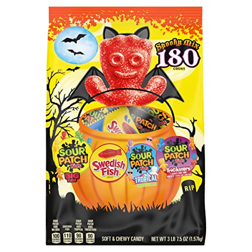 0070462009774 - SOUR PATCH KIDS CANDY (ORIGINAL, TRICKSTERS AND TROPICAL) AND SWEDISH FISH CANDY HALLOWEEN CANDY VARIETY PACK, 180 TRICK OR TREAT SNACK PACKS