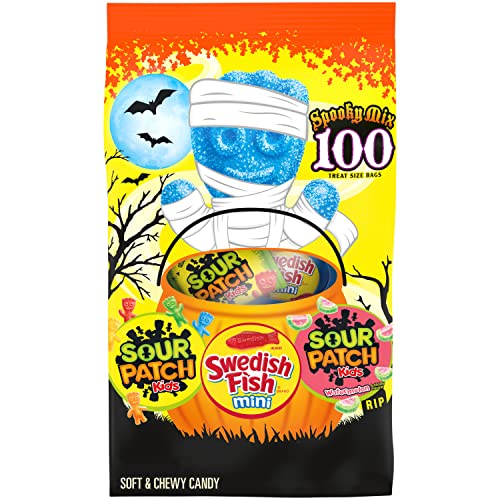 0070462009835 - SOUR PATCH KIDS CANDY (ORIGINAL AND WATERMELON) AND SWEDISH FISH CANDY HALLOWEEN CANDY VARIETY PACK, 100 TRICK OR TREAT SNACK PACKS