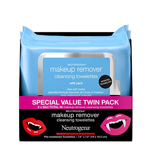 0070501103524 - NEUTROGENA MAKEUP REMOVER CLEANSING FACE WIPES, DAILY FACIAL TOWELETTES TO REMOVE WATERPROOF MASCARA & MAKEUP, INCLUDING STUBBORN HALLOWEEN MAKEUP, ALCOHOL-FREE, TWIN PACK, 2 X 25 COUNT