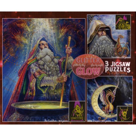 0705020346601 - GLITTER & GLOW 3 PACK JIGSAW PUZZLES: 100 - 300 - 500 PIECES - THE CAULDRON - MOON DRAGON - TRAVELERS