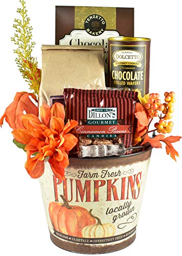 0705332272674 - SHADES OF AUTUMN GIFT BASKET IN DECORATIVE PUMPKIN BUCKET WITH SPECIALTY PECANS, MUFFIN MIX, SALTED CARAMEL COOKIES AND CREAM FILLED WAFER ROLLS (PUMPKIN)