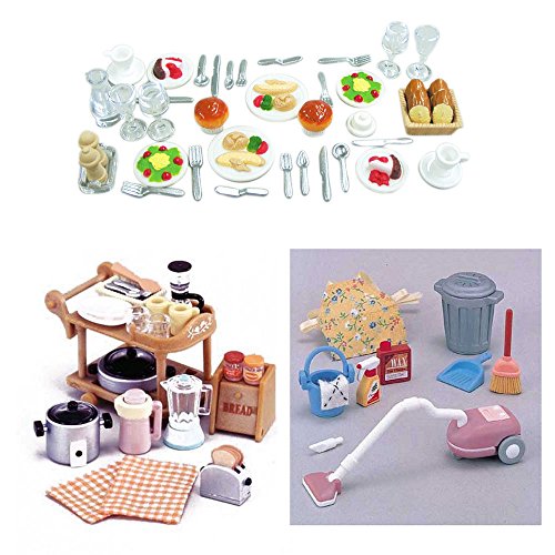 0705332277969 - THREE FURNITURE SYLVANIAN FAMILIES SETS - KITCHEN AND CLEANING THEME - DINNER SET, KITCHEN APPLIANCES AND VACUUM