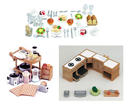 0705332277976 - THREE FURNITURE SYLVANIAN FAMILIES SETS - FOOD AND KITCHEN THEME - DINNER SET, KITCHEN APPLIANCES AND KITCHEN CABINET