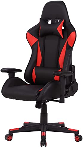 0705690279964 - OFFICE GAMING CHAIR, PU LEATHER COMPUTER CHAIR, COMFORTABLE SWIVEL TASK HOME OFFICE DESK CHAIR HIGH BACK WITH ADJUSTABLE ARMRESTS, BLACK/RED