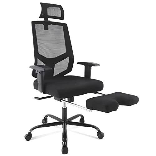 0705690474567 - AFO ERGONOMIC CHAIR WITH RETRACTABLE FOOTREST, ADJUSTABLE ARMRESTS, HEADREST AND LUMBAR SUPPORT HIGH BACK MESH SWIVEL ROLLING SILENCE CASTORS FOR HOME OFFICE, CONFERENCE ROOM, STUDY, BLACK