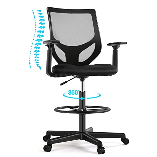 0705690474697 - AFO TALL OFFICE DRAFTING CHAIR WITH ADJUSTABLE FOOT RING AND ARMREST ERGONOMIC LUMBAR SUPPORT, BREATHABLE MESH, HIGH RESILIENCE SPONGE, 360 DEGREE SWIVEL ROLLING FOR STANDING DESK, BLACK