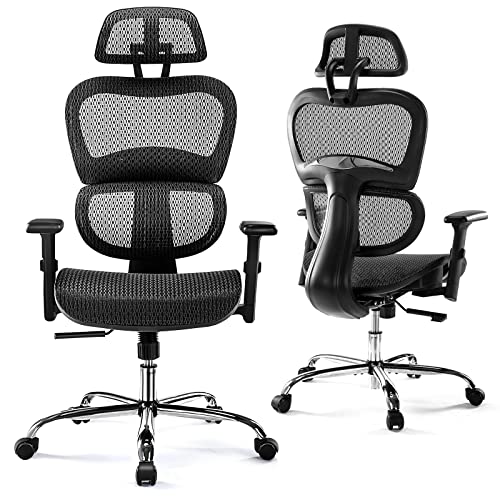 0705690475069 - ERGONOMIC HIGH BACK OFFICE CHAIR - HIGH OFFICE CHAIR WITH HEADREST, LUMBAR SUPPORT, MOVABLE ARMRESTS, SWIVEL MESH OFFICE CHAIR WITH 300 LBS WEIGHT CAPACITY ADJUSTABLE HEIGHT FOR HOME OFFICE, EXECUTIVE