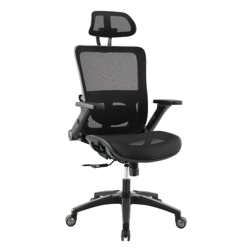 0705690493834 - ERGONOMIC OFFICE CHAIR, HIGH BACK MESH OFFICE CHAIR WITH 4D ADJUSTABLE FLIP-UP ARMREST, SWIVEL ROLLING COMPUTER DESK CHAIR WITH LUMBAR SUPPORT AND ADJUSTABLE HEADREST, TILT FUNCTION, BLACK