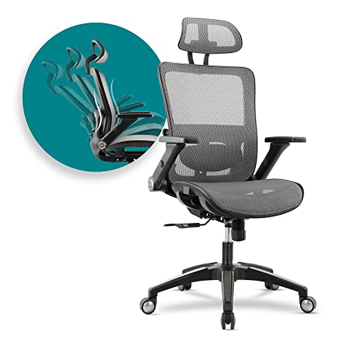 0705690493841 - ERGONOMIC OFFICE CHAIR, HIGH BACK MESH OFFICE CHAIR WITH 4D ADJUSTABLE FLIP-UP ARMREST, SWIVEL ROLLING COMPUTER DESK CHAIR WITH LUMBAR SUPPORT AND ADJUSTABLE HEADREST, TILT FUNCTION, GREY