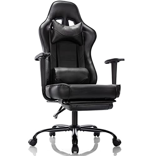 0705690494718 - RECLINING GAMING CHAIR - HOME OFFICE ERGONOMICS COMPUTER DESK CHAIR HIGH BACK PU LEATHER EXECUTIVE TASK WITH FOOTREST, PILLOW HEADREST, LUMBAR SUPPORT, 360° SWIVEL ROCKING, WHEELS, BLACK