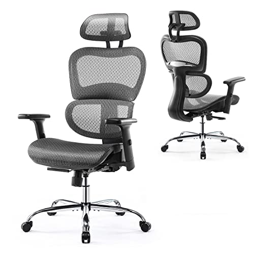 0705690536623 - ERGONOMIC OFFICE CHAIR, HIGH BACK DESK CHAIR, SWIVEL MESH COMPUTER TASK CHAIR WITH DYNAMIC LUMBAR SUPPORT, TILT FUNCTION, EXECUTIVE HOME OFFICE CHAIR WITH 3D ADJUSTABLE HEADREST AND ARMRESTS, GREY