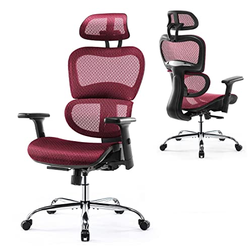 0705690536647 - ERGONOMIC OFFICE CHAIR, HIGH BACK DESK CHAIR, SWIVEL MESH COMPUTER TASK CHAIR WITH DYNAMIC LUMBAR SUPPORT, TILT FUNCTION, EXECUTIVE HOME OFFICE CHAIR WITH 3D ADJUSTABLE HEADREST AND ARMRESTS, RED