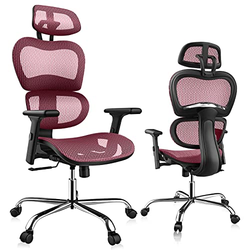 0705690536951 - ERGONOMIC OFFICE CHAIR, HIGH BACK HOME OFFICE DESK CHAIRS WITH ADJUSTABLE HEADREST/ARMRESTS, MESH COMPUTER CHAIR WITH LUMBAR SUPPORT AND TILT FUNCTION, RED