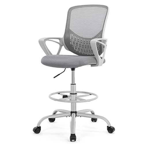 0705690537019 - DRAFTING CHAIR - TALL OFFICE CHAIR FOR STANDING DESK, HIGH WORK STOOL, COUNTER HEIGHT OFFICE CHAIRS WITH ADJUSTABLE FOOT RING, GREY