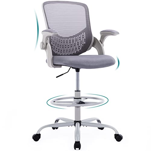 0705690655119 - JHK DRAFTING CHAIR, TALL OFFICE CHAIR STANDING DESK CHAIR COMPUTER CHAIR WITH ADJUSTABLE FOOT RING, MESH OFFICE CHAIR HEIGHT ADJUSTABLE STANDING DESK STOOL WITH FLIP-UP ARMS AND LUMBAR SUPPORT