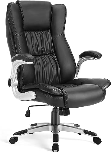 0705690658646 - EXECUTIVE HOME OFFICE DESK CHAIR WITH FLIP UP ARMS ERGONOMIC LUMBAR SUPPORT, HIGH BACK PU LEATHER, BLACK