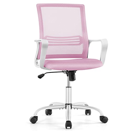 0705690864368 - JHK ERGONOMIC PINK, HOME OFFICE DESK LUMBAR SUPPORT ARMRESTS, MID BACK MESH COMPUTER ROLLING SWIVEL CHAIR WITH WHEELS FOR ADULTS