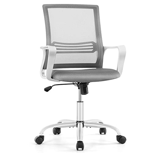 0705690864375 - JHK ERGONOMIC GREY, HOME OFFICE DESK LUMBAR SUPPORT ARMRESTS, MID BACK MESH COMPUTER ROLLING SWIVEL CHAIR WITH WHEELS FOR ADULTS
