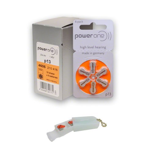 0706148501743 - POWERONE HEARING AID BATTERIES SIZE 13, PR48 (60 BATTERIES) + 2 CELL BATTERY KEYCHAIN KIT