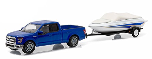 0706752491935 - 2015 FORD F-150 BLUE & BOAT WITH BOAT TRAILER HITCH & TOW SERIES 6 1/64 BY GREENLIGHT 32060D