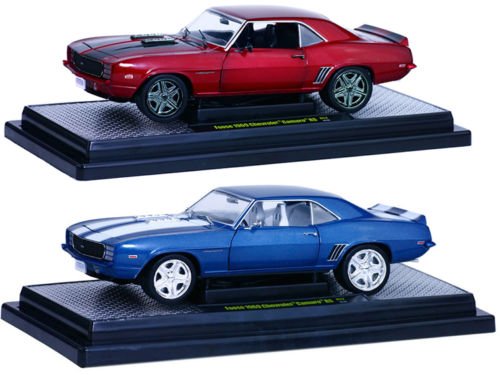 0706752492499 - 1969 CHEVROLET CAMARO RS CHIP FOOSE DESIGN RED AND BLUE SET OF 2 CARS 1/24 BY M2 MACHINES 40300-52A&B