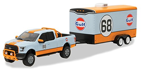 0706752495179 - 2015 FORD F-150 PICKUP TRUCK #68 GULF OIL AND ENCLOSED CAR HAULER HITCH & TOW SERIES 7 1/64 BY GREENLIGHT 32070 B