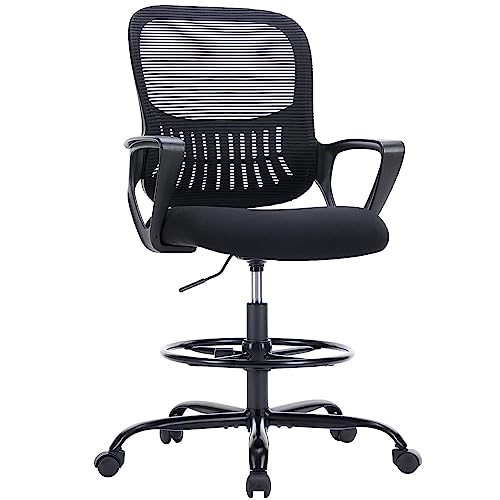 0706859198324 - DRAFTING CHAIR TALL OFFICE CHAIR STANDING DESK CHAIR COUNTER HEIGHT OFFICE CHAIRS WITH FIXED ARMRESTS AND ADJUSTABLE FOOT-RING, HIGH-DENSITY SPONGE THICKER SEAT, FOR BAR HEIGHT DESK