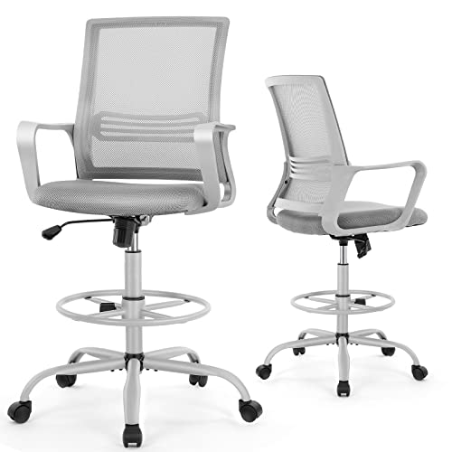 0706859198799 - DRAFTING CHAIR STANDING DESK CHAIR TALL OFFICE CHAIR COUNTER HEIGHT OFFICE CHAIRS WITH ARMRESTS HIGH-DENSITY SPONGE THICKER SEAT FOR BAR HEIGHT DESK, LIGHT GREY