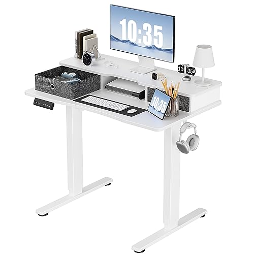 0706859200287 - STANDING DESK WITH DOUBLE DRAWERS, 40 X 24 INCH ELECTRIC SIT STAND UP DESK WITH STORAGE SHELF, ADJUSTABLE HEIGHT HOME OFFICE COMPUTER TABLE WORKSTATION WITH SPLICE BOARD