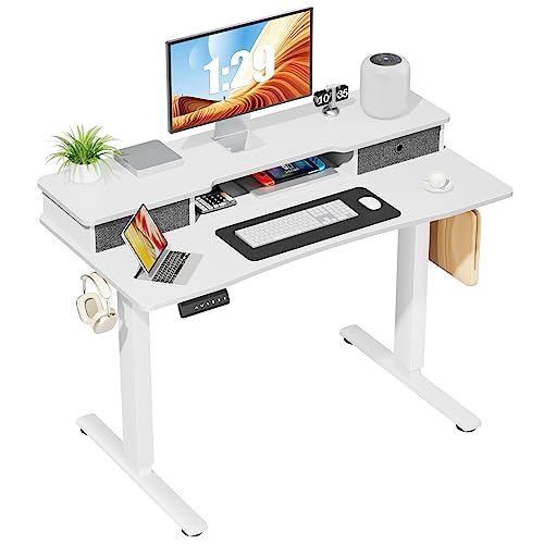 0706859200324 - STANDING DESK WITH DOUBLE DRAWERS, 48 X 24 INCH ELECTRIC SIT STAND UP DESK WITH STORAGE SHELF, ADJUSTABLE HEIGHT HOME OFFICE COMPUTER TABLE WORKSTATION WITH SPLICE BOARD