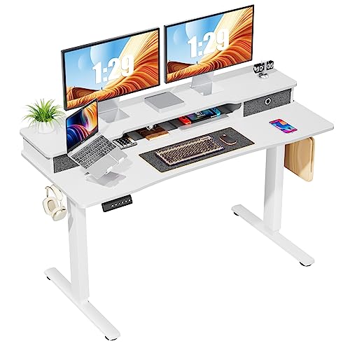 0706859200362 - STANDING DESK WITH DOUBLE DRAWERS, 55 X 24 INCH ELECTRIC SIT STAND UP DESK WITH STORAGE SHELF, ADJUSTABLE HEIGHT HOME OFFICE COMPUTER TABLE WORKSTATION WITH SPLICE BOARD