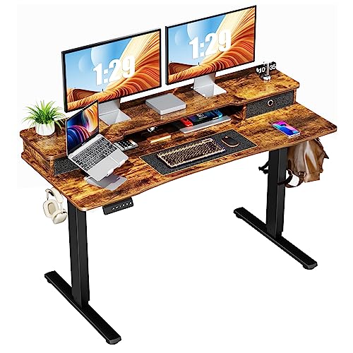 0706859200379 - STANDING DESK WITH DOUBLE DRAWERS, 55 X 24 INCH ELECTRIC SIT STAND UP DESK WITH STORAGE SHELF, ADJUSTABLE HEIGHT HOME OFFICE COMPUTER TABLE WORKSTATION WITH SPLICE BOARD