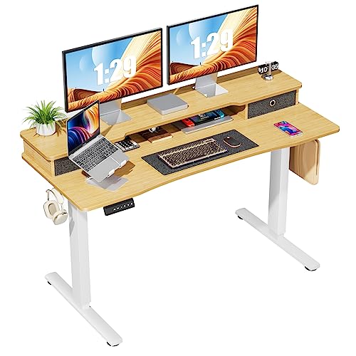 0706859200386 - STANDING DESK WITH DOUBLE DRAWERS,55 X 24 INCH ELECTRIC SIT STAND UP DESK WITH STORAGE SHELF, ADJUSTABLE HEIGHT HOME OFFICE COMPUTER TABLE WORKSTATION WITH SPLICE BOARD