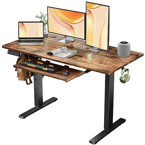 0706859203035 - ELECTRIC STANDING DESK WITH KEYBOARD TRAY, 48 X 24 INCHES LARGE HEIGHT ADJUSTABLE DESK STAND UP DESK WITH 3 MEMORY PRESETS, ERGONOMIC COMPUTER DESK HOME OFFICE DESK SIT TO STAND DESK, RUSTIC BROWN