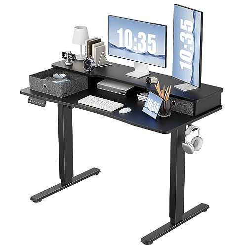 0706859207040 - STANDING DESK WITH DOUBLE DRAWERS, 48 X 24 INCH ELECTRIC SIT STAND UP DESK WITH STORAGE SHELF, ADJUSTABLE HEIGHT HOME OFFICE COMPUTER TABLE WORKSTATION WITH SPLICE BOARD
