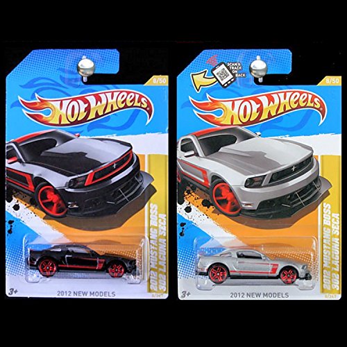 0706927073959 - HOT WHEELS 2012 NEW MODELS FORD MUSTANG BOSS 302 LAGUNA SECA SET OF 2 IN BLACK AND SILVER