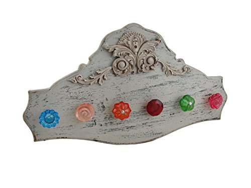 0706996371253 - DISTRESSED FINISH WALL SCARF RACK W/ COLORFUL ANTIQUE STYLE DRAWER PULL HOOKS