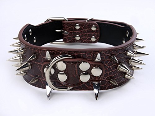 0707242800169 - LIVENTOP 19-23.5 BROWN FAUX CROC LEATHER 2 WIDE SPIKED DOG COLLAR, 40 LARGE SPIKES