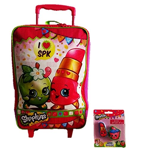 0707448186142 - ADORABLE SHOPKINS BACK TO SCHOOL & TRAVEL ON THE GO BUNDLE: 2 ITEMS- LICENSED 19 SHOPKINS STOLLER ROLLER BACKPACK / SUITECASE AND 1 PACK - 2 BEAUTIFULLY MOLDED ERASERS 2