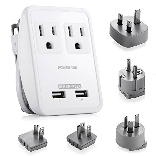 0707470829703 - POWERADD 2-OUTLET INTERNATIONAL TRAVEL CHARGER ADAPTER WITH INTERCHANGEABLE WORLDWIDE UK/US/AU/EU PLUGS + DUAL USB CHARGING PORTS (INPUT VOLTAGE: 100V~240V)