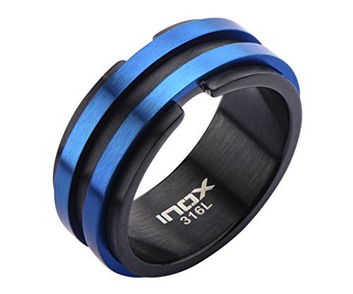 0707581775791 - INOX JEWELRY MEN'S STAINLESS STEEL ALL MATTE FINISHED BLACK AND BLUE IP LAYER RING