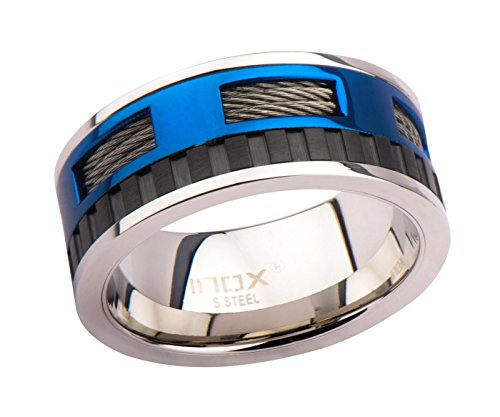 0707581775869 - INOX JEWELRY MEN'S STAINLESS STEEL BLUE IP WINDOW AND BLACK GROOVE IN CABLE STEEL INLAYED RING