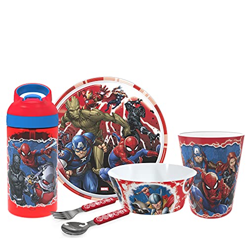 0707849136180 - ZAK DESIGNS DISNEY DINNERWARE SET INCLUDES PLATE, BOWL, TUMBLER, WATER BOTTLE, AND FLATWARE BPA-FREE MADE OF DURABLE MELAMINE MATERIAL AND PERFECT FOR KIDS, 6PC GIFT, MARVEL UNIVERSE