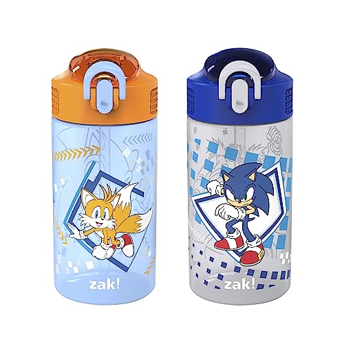 0707849167580 - ZAK DESIGNS SONIC THE HEDGEHOG KIDS WATER BOTTLE FOR SCHOOL OR TRAVEL, 16OZ 2-PACK DURABLE PLASTIC WATER BOTTLE WITH STRAW, HANDLE, AND LEAK-PROOF, POP-UP SPOUT COVER (SONIC, TAILS)