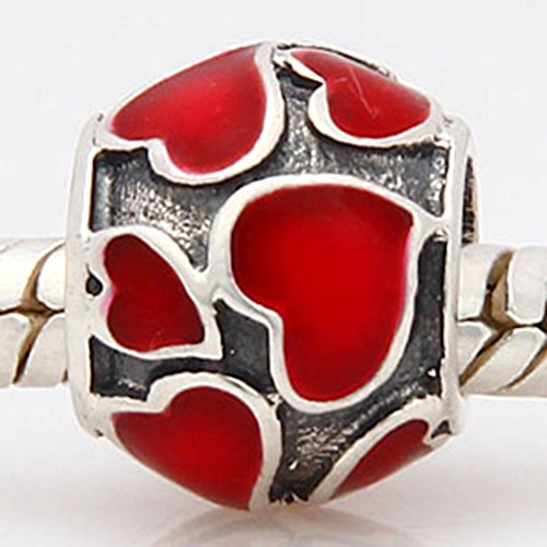 0707870048834 - AUTHENTIC 925 STERLING SILVER BEAD CHARM VINTAGE LOVE HEART BEADS WITH RED ENAMEL FIT WOMEN PANDORA BRACELET & BANGLE DIY JEWELRY (RED)